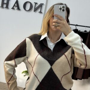 Pull À Carreaux Col Chemise