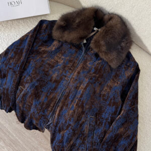 Blouson Velours Bleu & Brun Col Fourrure