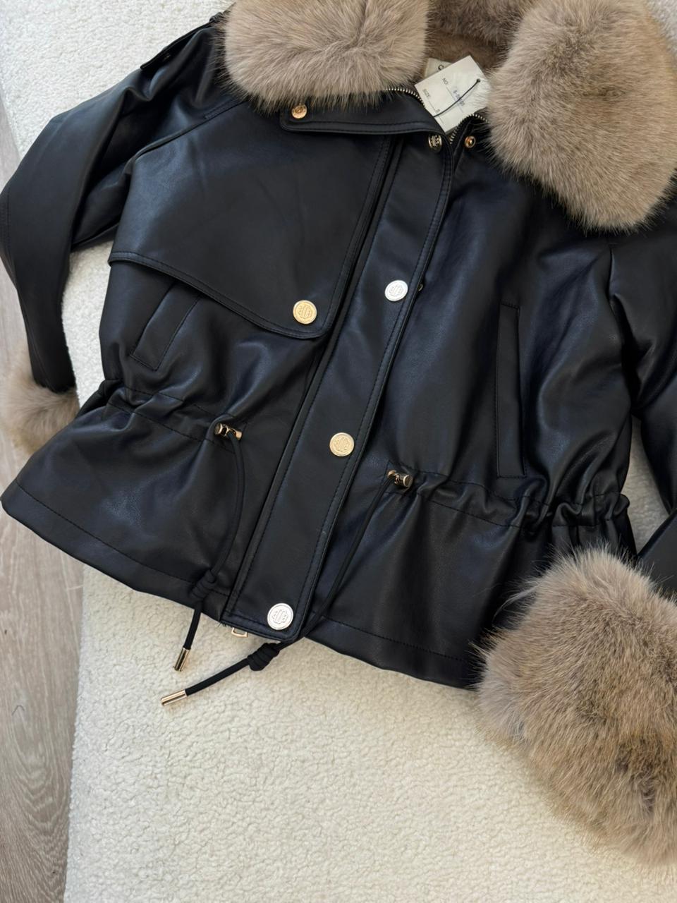 Veste Cuir & Fourrure Taupe – Image 3