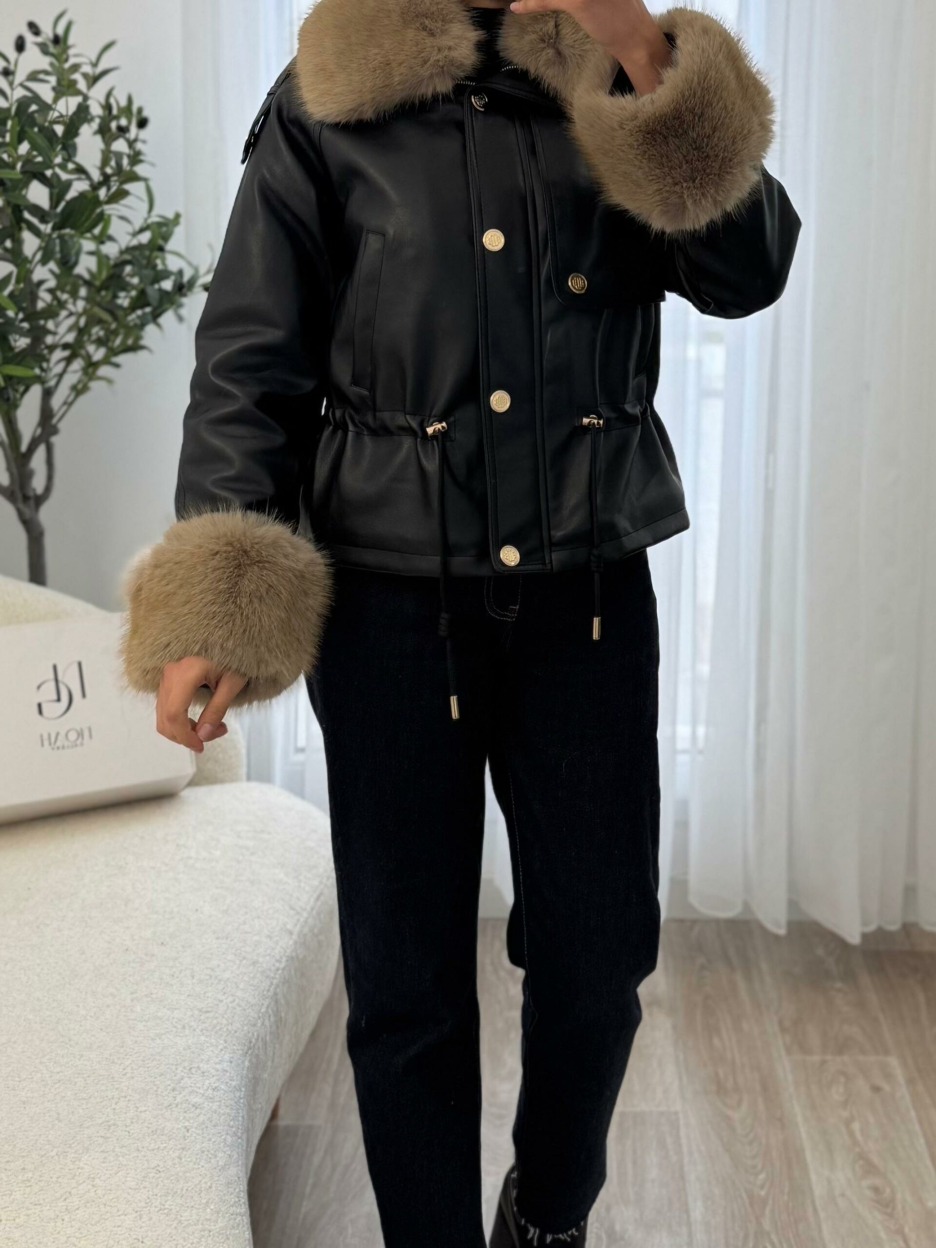 Veste Cuir & Fourrure Taupe – Image 6