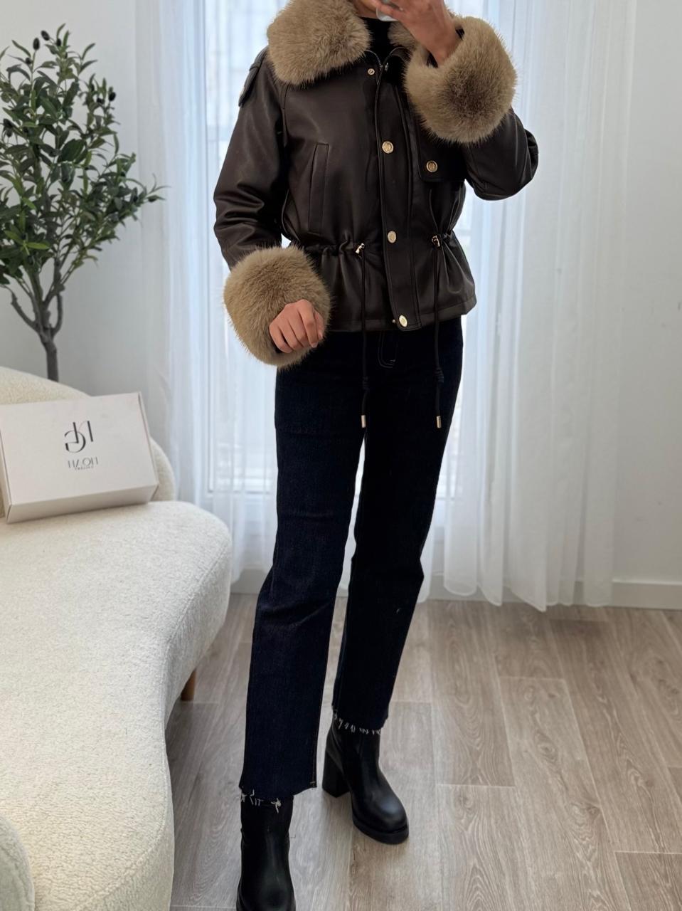 Veste Cuir & Fourrure Taupe – Image 5