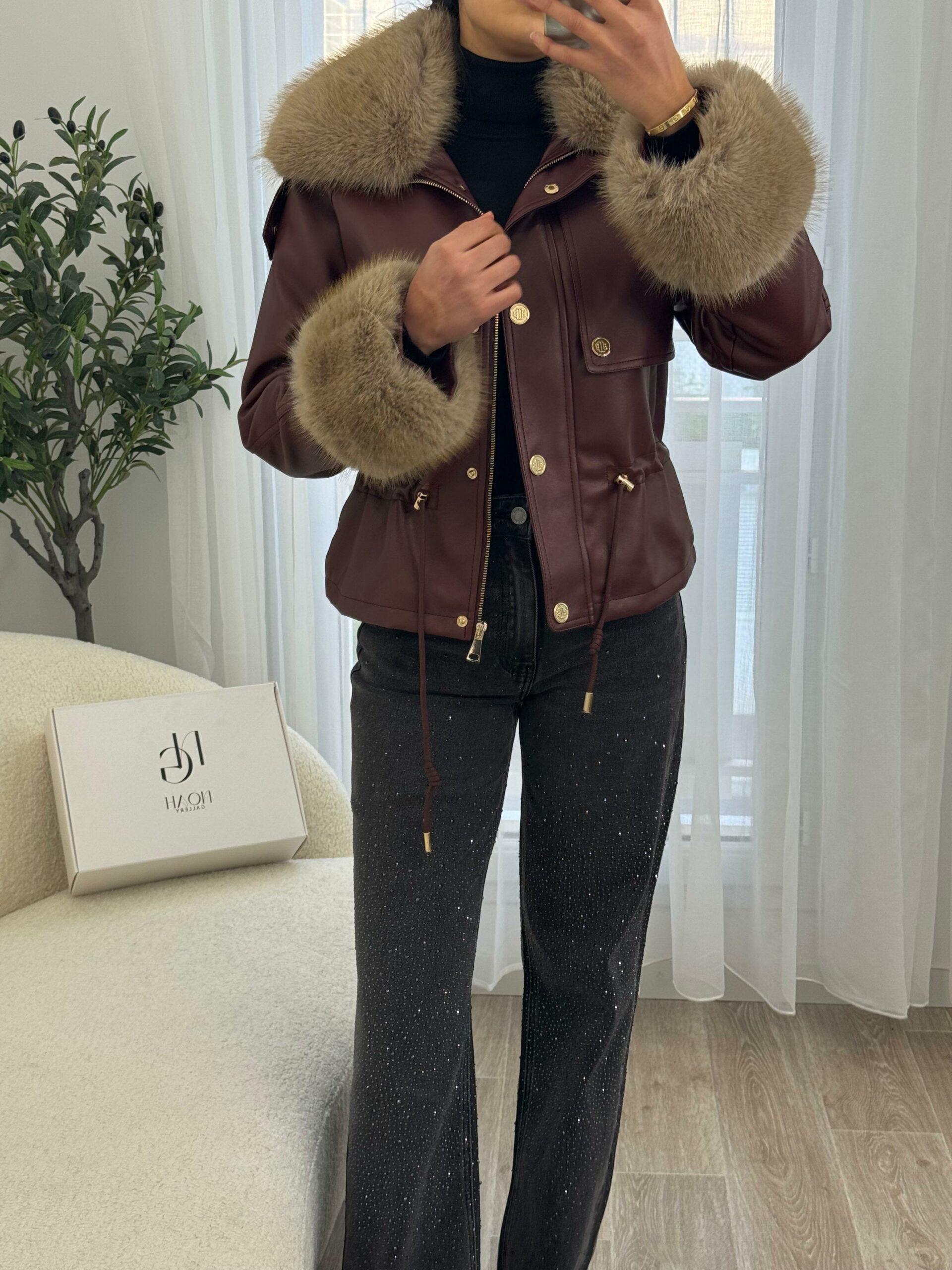 Veste Cuir & Fourrure Taupe – Image 9