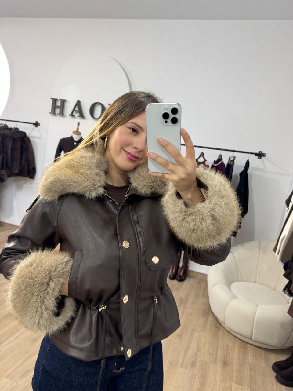 Veste Cuir & Fourrure Taupe