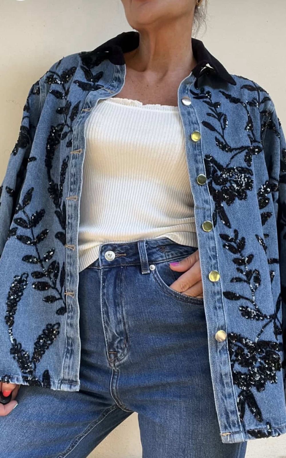 Veste Denim Fleurie Strass