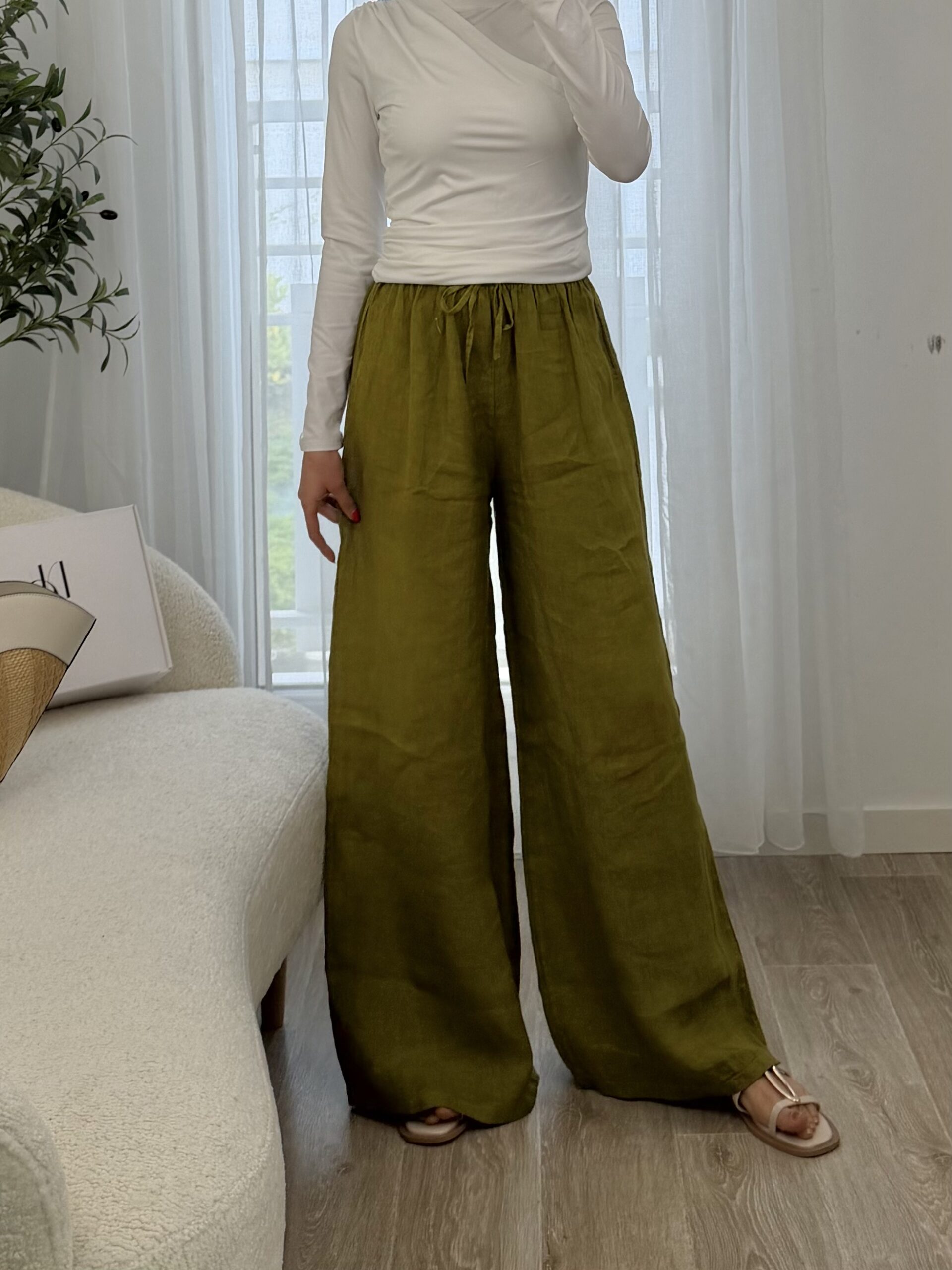Pantalon Lin Olive – Image 3