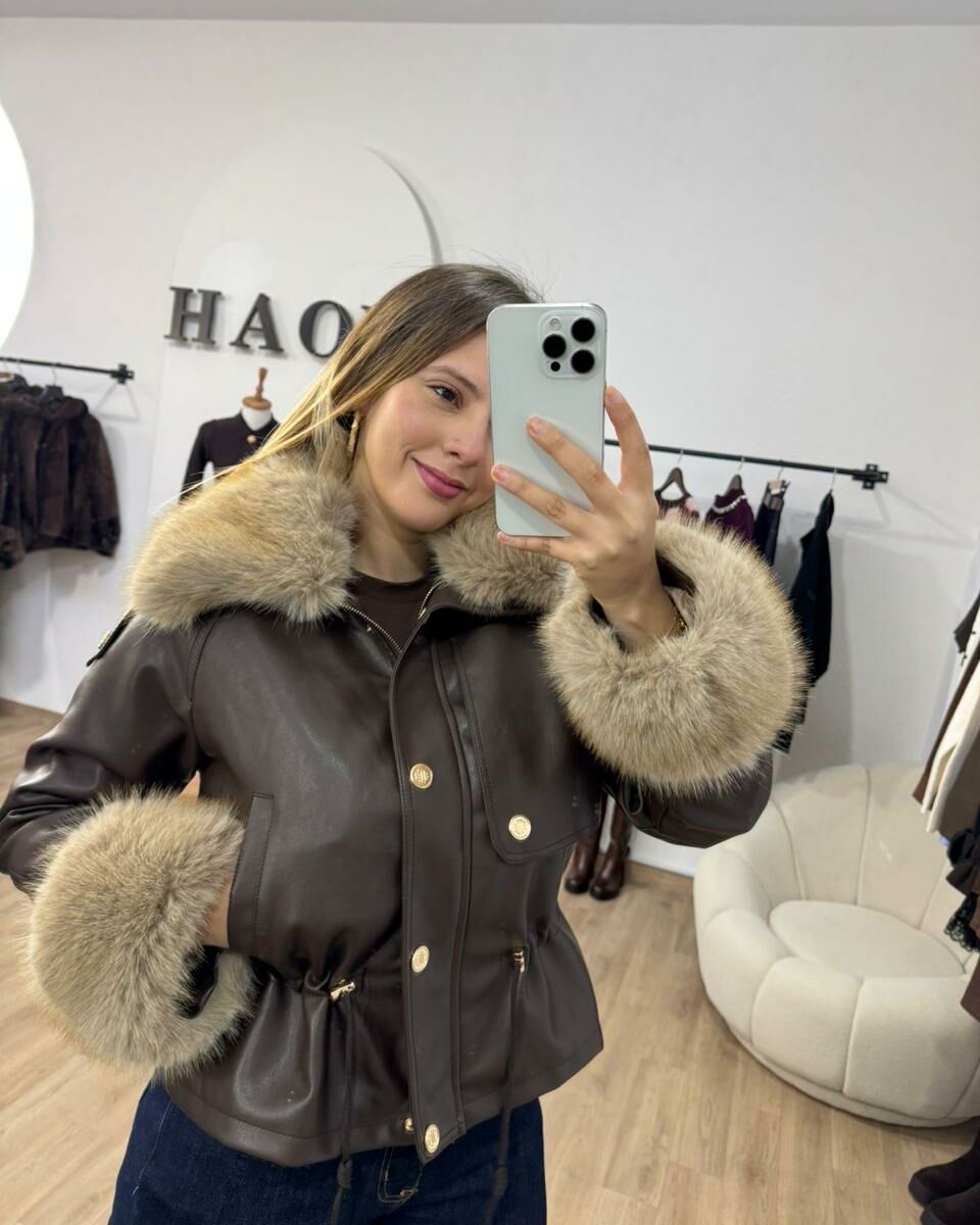 Veste Cuir & Fourrure Taupe - NOAH